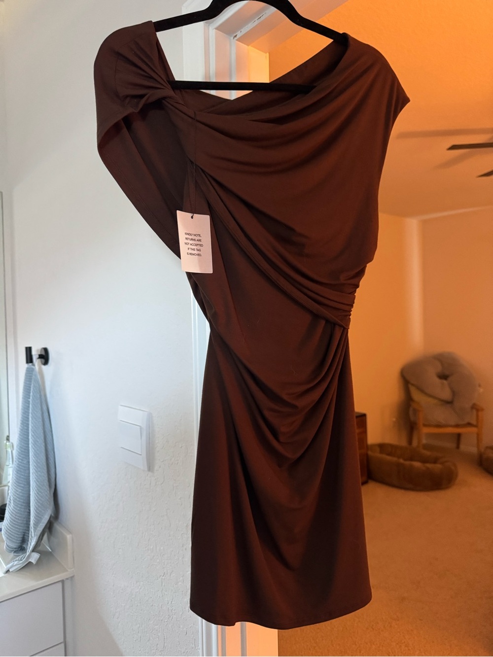 superdown Brown Draped One-Shoulder Dress